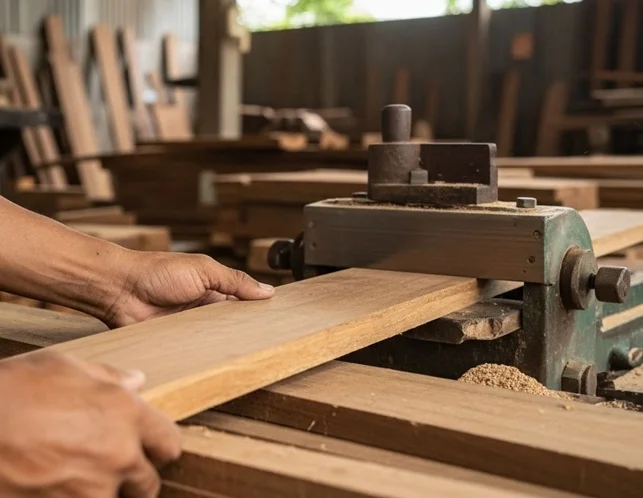 Carpenter feeding a board through a planer in the workshop