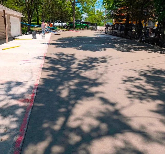 Concrete walkway with control joints running between planted beds
