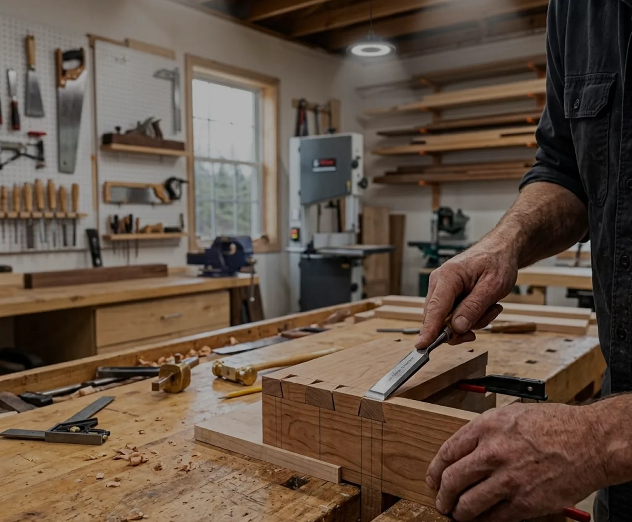 Carpenter cutting dovetail joints at a workshop bench